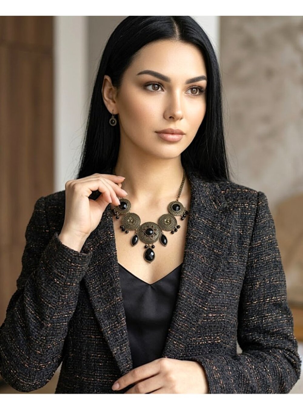 (3 for $15) STATEMENT NECKLACE - Boho black & bronze stylish necklace
